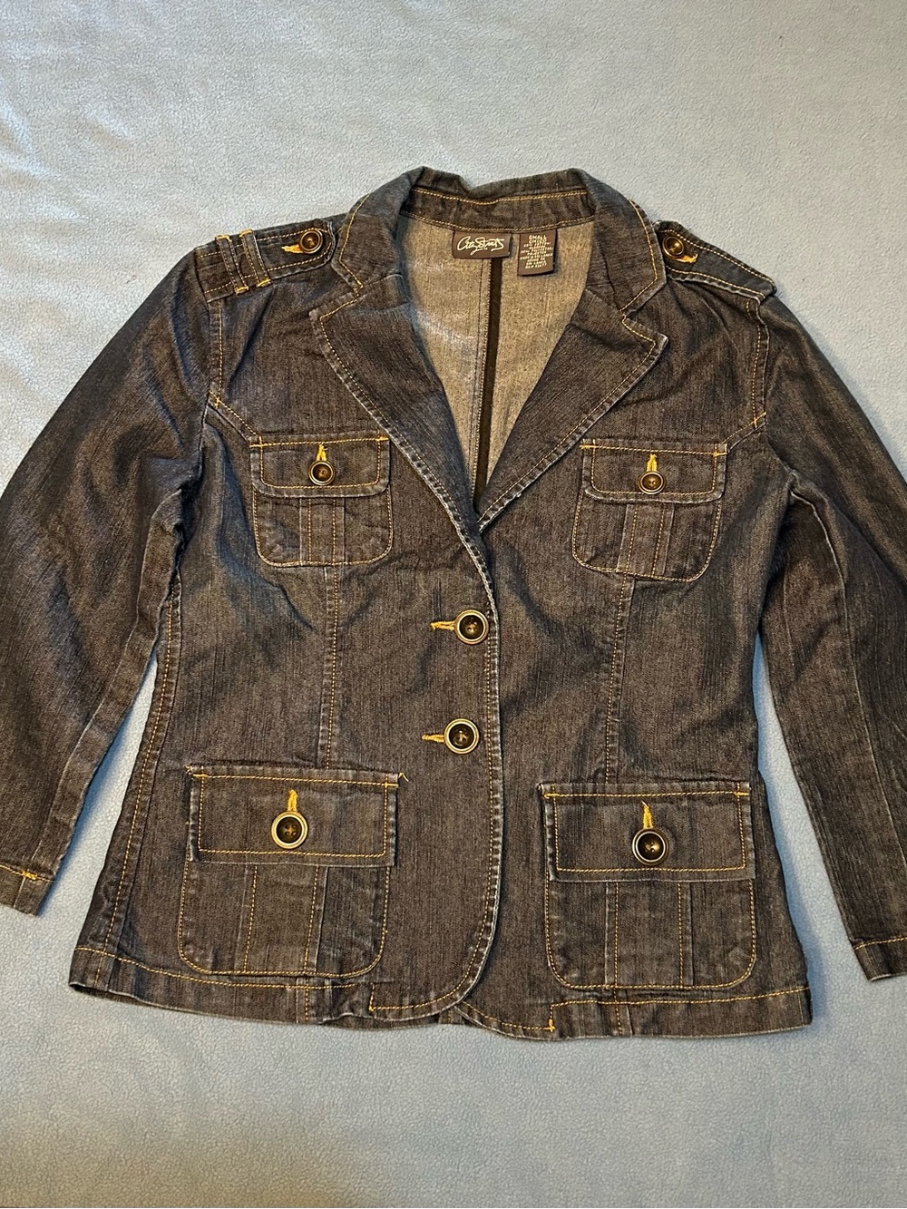 City Streets Dark Denim Button-Front Blazer Jacket